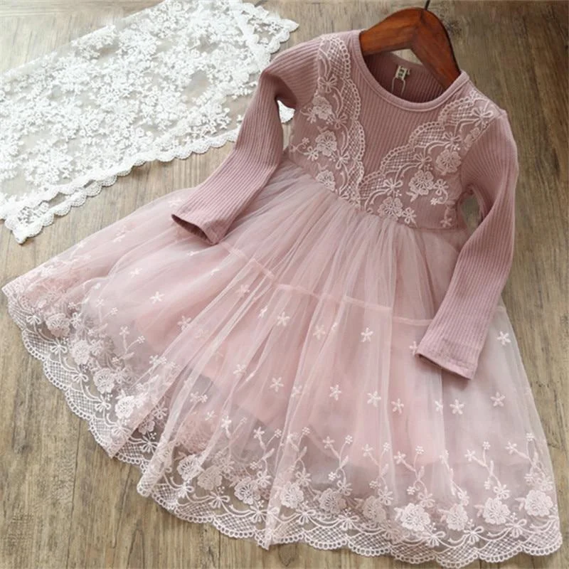 Elegant Flower Girls Dress Wedding Party Princess Dress Casual Kids Clothes Lace Long Sleeves Dress Children's Vestidos For 3-8T