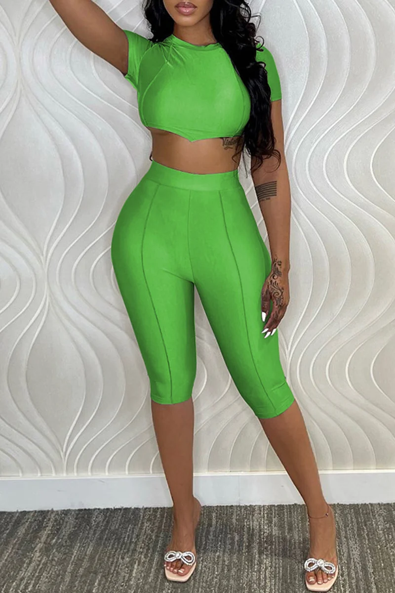 Green Fashion Casual Solid Bandage Backless O Neck Short Sleeve Two Pieces | EGEMISS