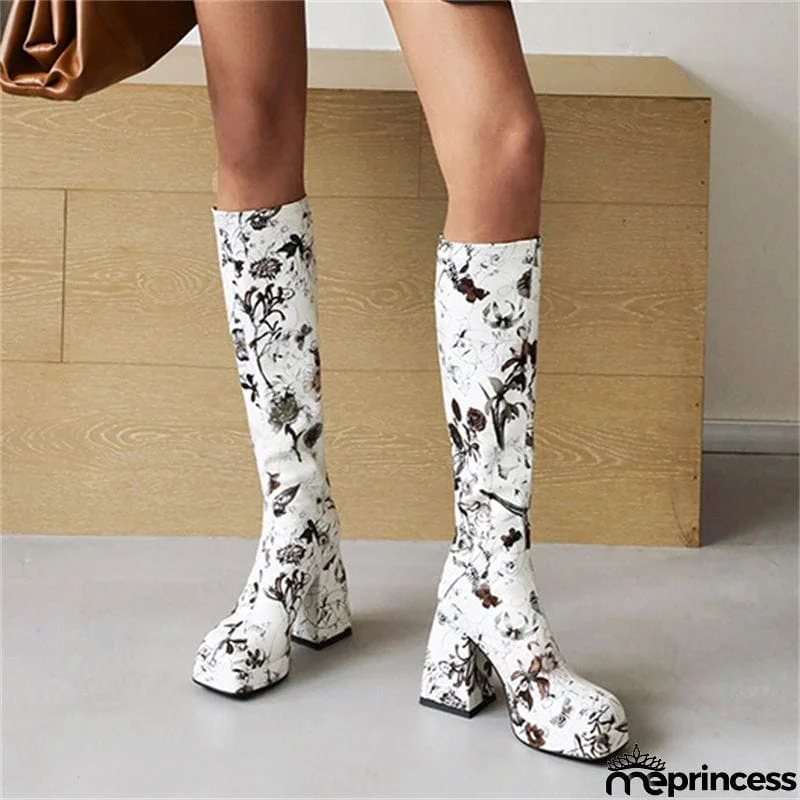 Trendy Colorful Floral Printed Thick Heel Long Boots