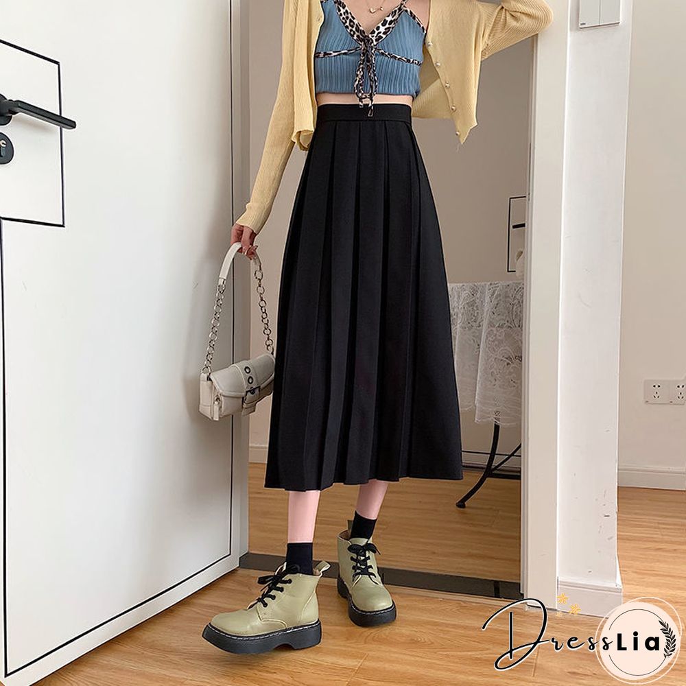 Vintage Pleated Midi Skirt Fashion High Waist Gothic Skirt Women Spring Casual Korean A-line Elastic Solid All-match Skirt New
