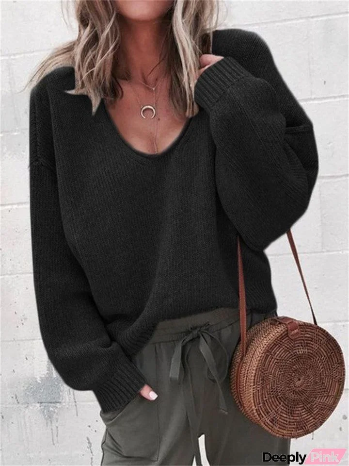 Women's Leisure Deep V Neck Plain Oversized Warm Knitted Sweaters