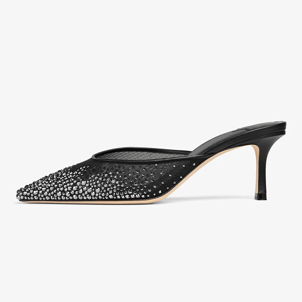 Black Mesh Pointed Toe Stiletto Heel Rhinestone Mules for Women