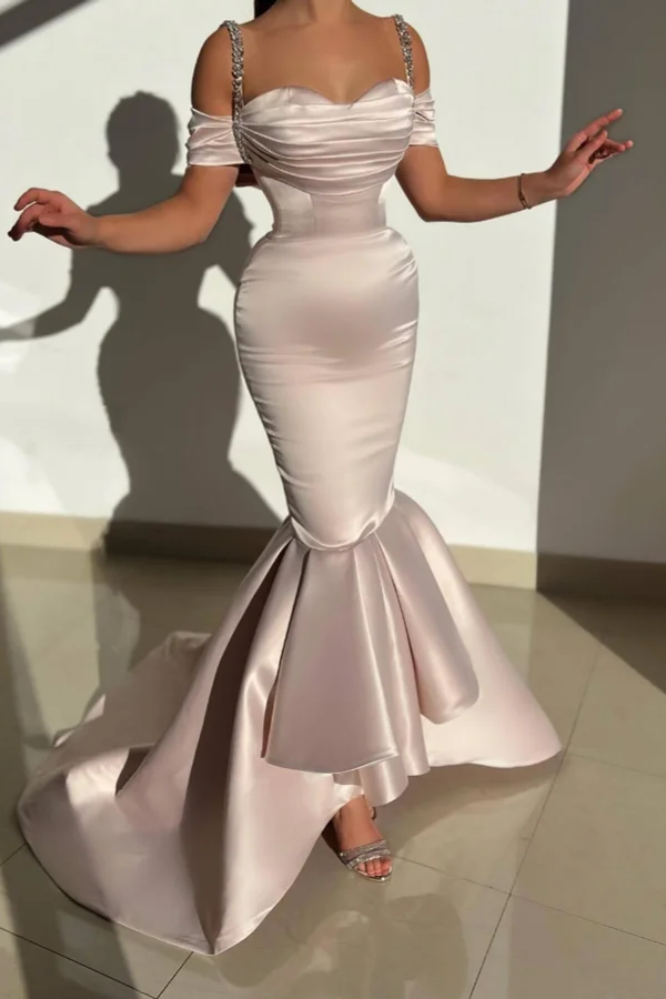 Daisda Satin Spaghetti Strap Pleated Mermaid Prom Dress with Ruffles