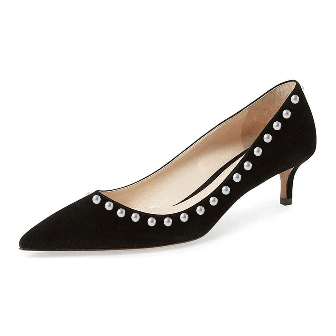 YDN Vegan Suede Pointed Toe Kitten Heel Pearl Trim Black Pumps