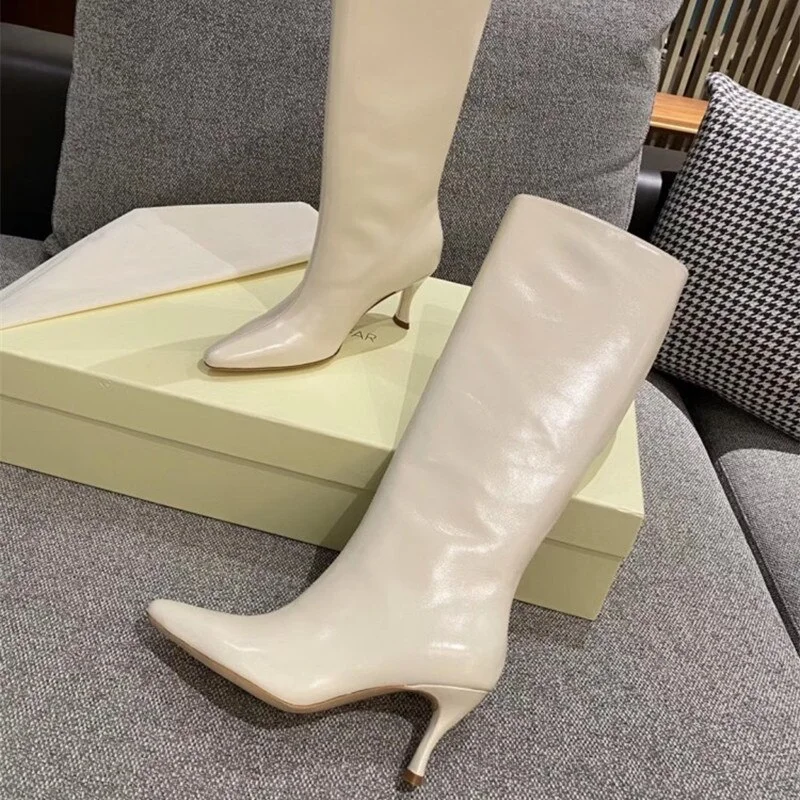 Yyvonne Women's Autumn and Winter New Leather Fashion Knee-length Boots with Thin Heels and Pointed Fashion Boots Women Boots