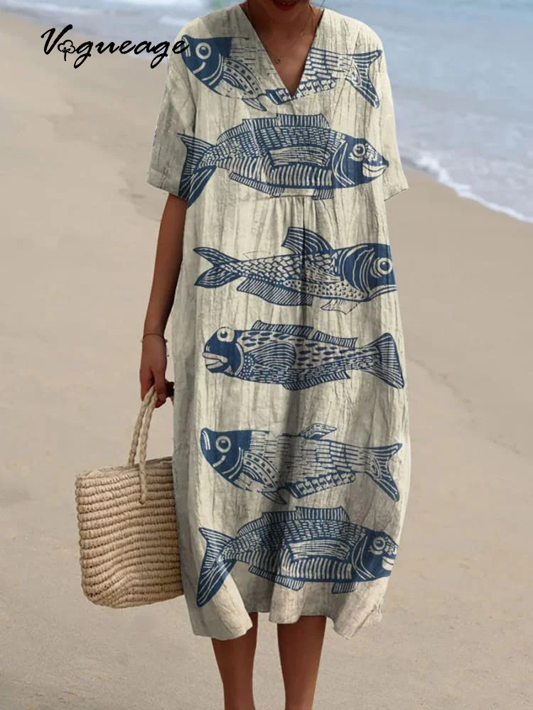 Simple Leisure Fish Printed Women's Casual Cotton And Linen Dress