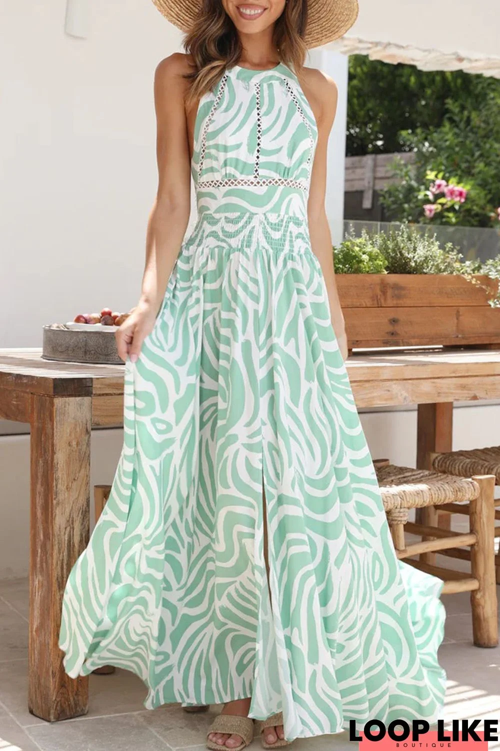 Sweet Elegant Geometric Lace Frenulum Halter Waist Skirt Dresses