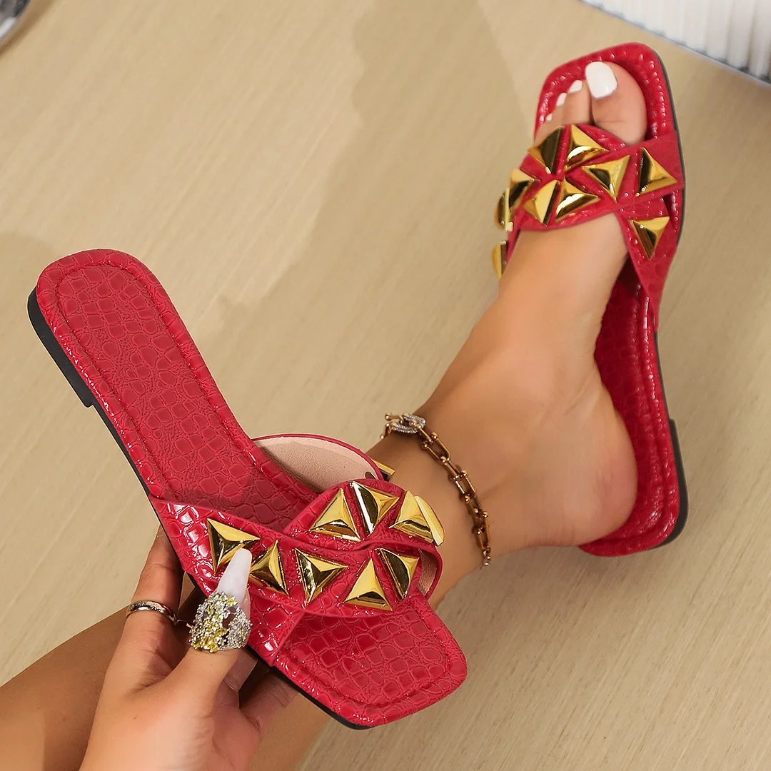 Tanguoant Tanguoant Slippers Female 2024 New Metal Rivet Square Head Fashion One Word Large Size Casual Flip-Flops