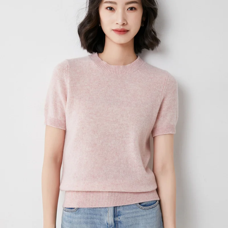 Churchf Churchf Female Round Collar Loose T-Shirt Inside Build Sweater Spring Autumn Base Outside Wear Short Sleeve Hair