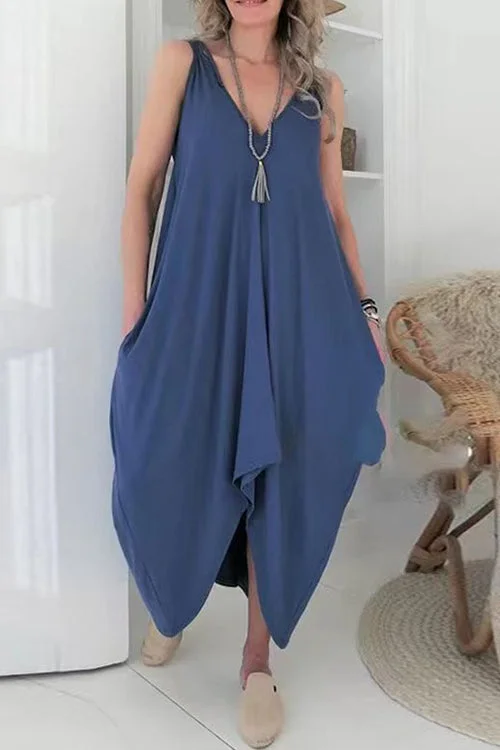 Irregular V Neck Sleeveless Loose Dress