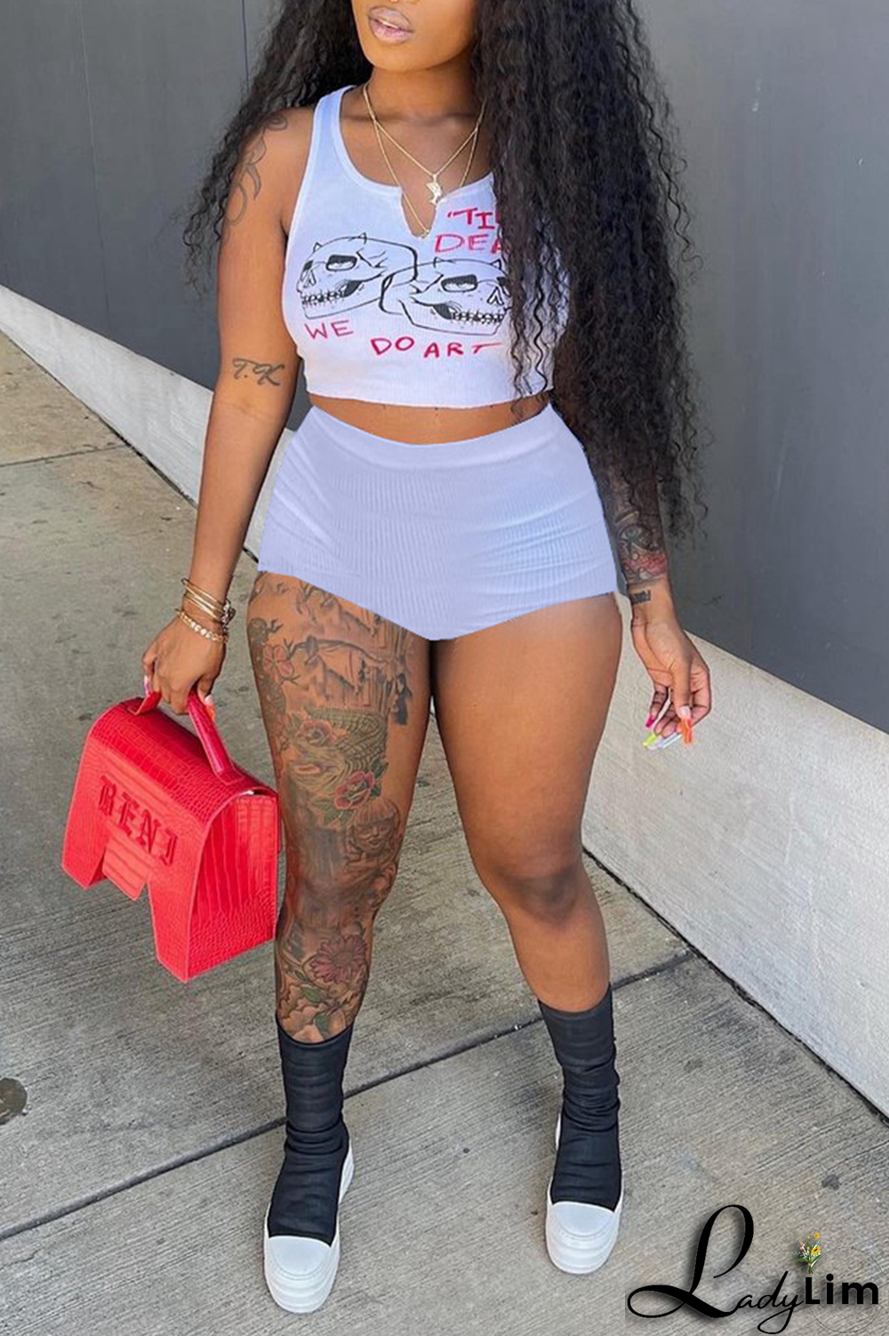 Black Street Print Split Joint U Neck Sleeveless Two Pieces