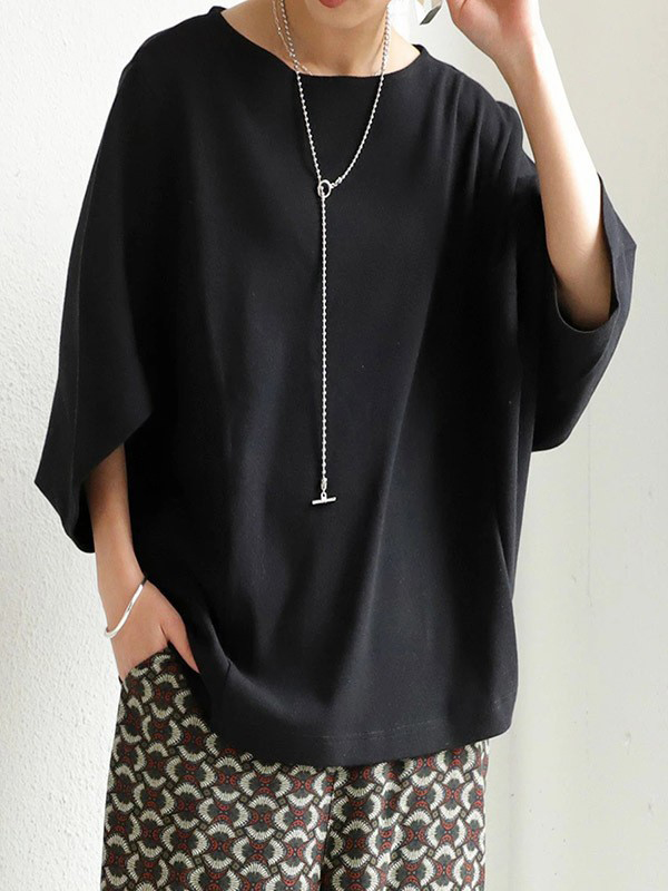 Bat Sleeve Round Neck Solid Color Loose T-shirt