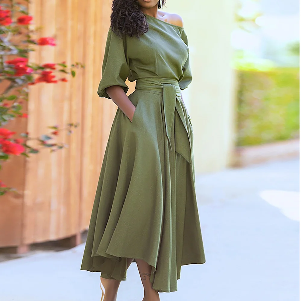 Brownm Brownm Women's Wear Inclined Shoulder Collar Tie With Waist Temperament Solid Color Big Place Autumn And Winter Dress
