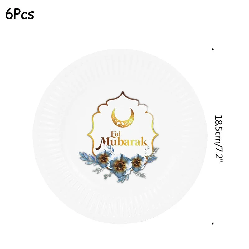 1set Eid Mubarak Disposable Tableware Paper Plates Cups for Ramadan Kareem Decoration Islamic Muslim Festival Party Supplies