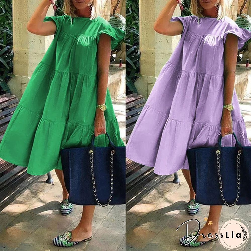 Summer Women Short Sleeves Long Dress Ruffled Pleated Party Casual Baggy Cotton Linen Midi Dresses Plus Size