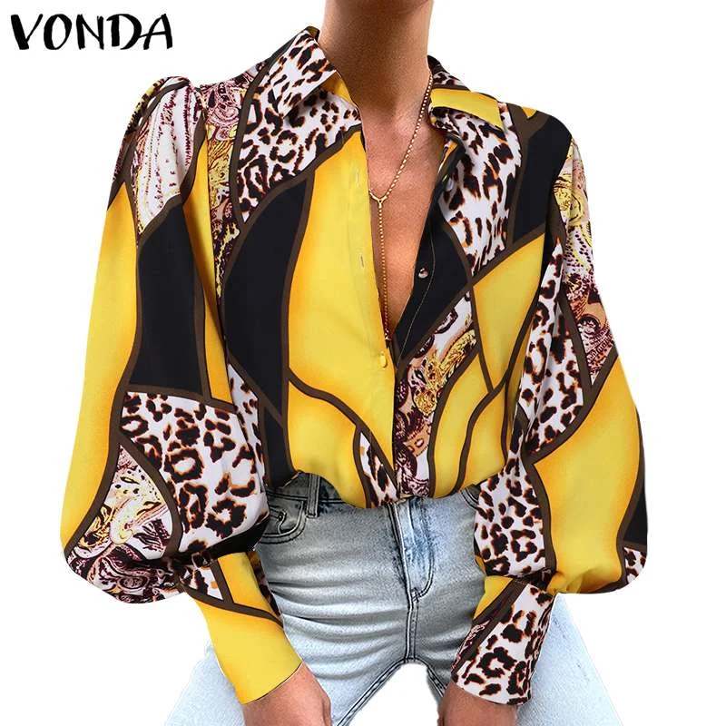 Printed Blouse Women Casual Long Sleeve Shirts 2022 VONDA Vintage Lapel Collar Casual Tops Beach Holiday Blouse Blusas Femininas