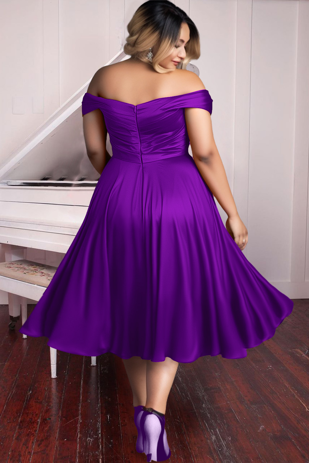 Design Plus Size Cocktail Party Midi Dresses Elegant Purple Fall Winter Off The Shoulder Short Sleeve Pleated A-Line Chiffon Midi Dresses