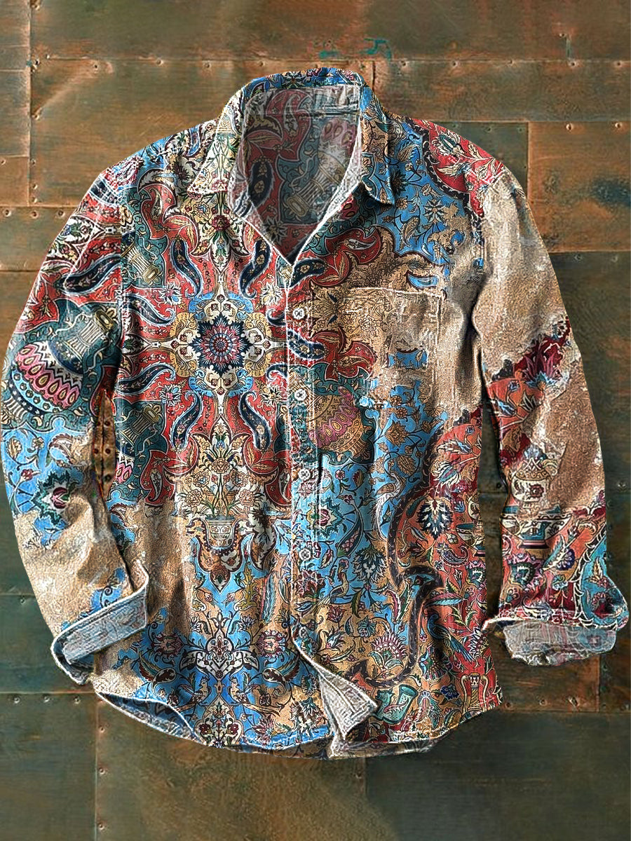 Men's Vintage Colorful Gradient Totem Art Print Long Sleeve Pocket Shirt