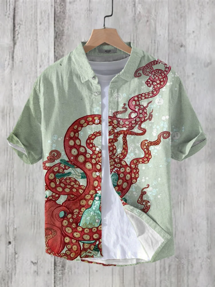 Comstylish Drunken Octopus Vintage Print Men's Linen Short Sleeve Shirt