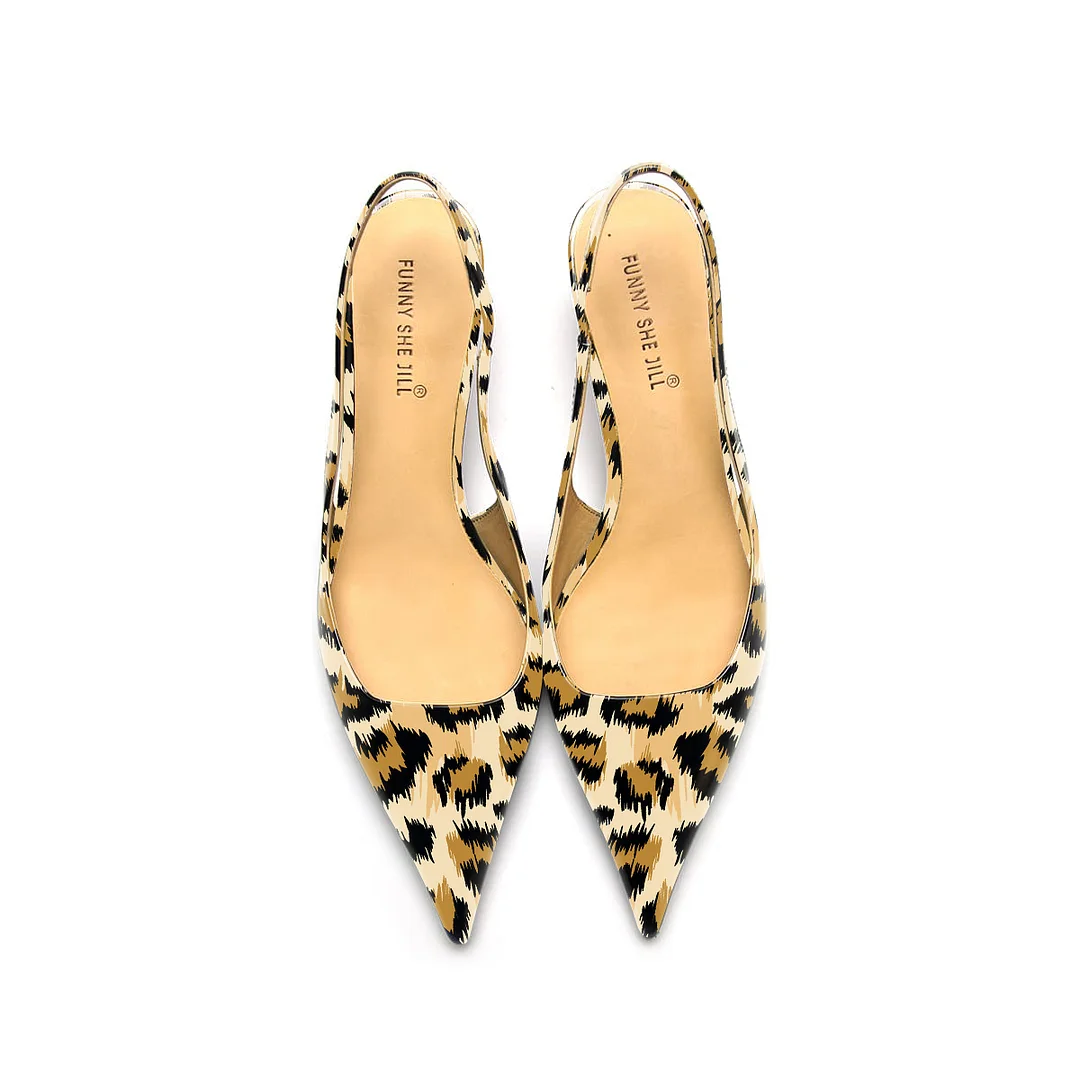 Women's Leopard Print Patent Leather Pointed Toe Elegant Kitten Heel Slingback Dress Pump Shoes