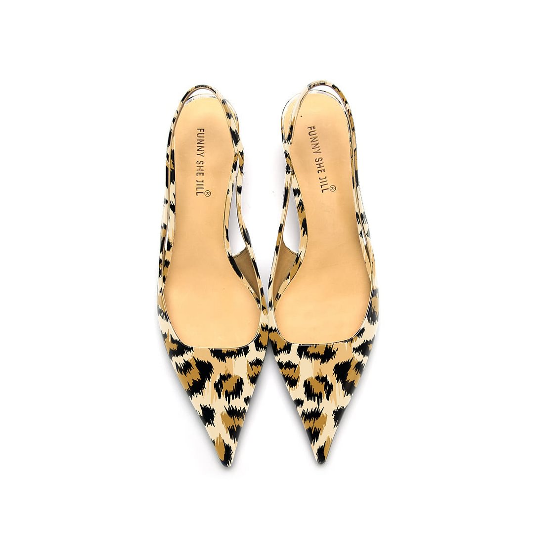 Women's Leopard Print Patent Leather Pointed Toe Elegant Kitten Heel Slingback Dress Pump Shoes Nicepairs