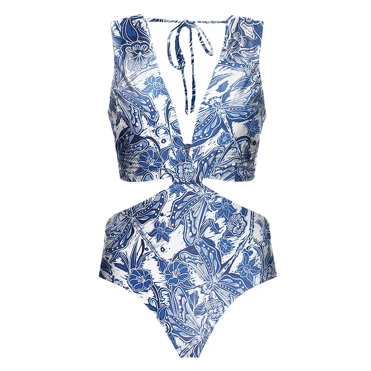 Flaxmaker Blue Dragonfly Printed Cutout Swimsuit