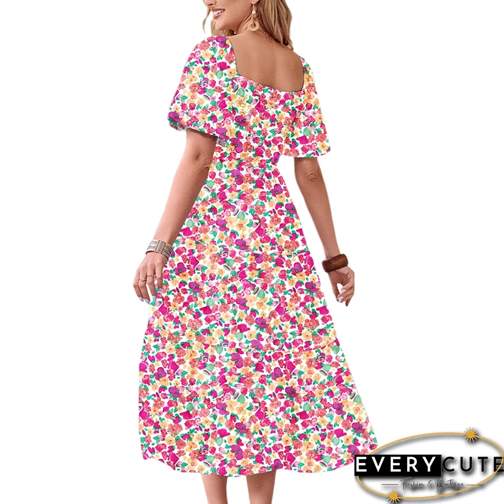 Pink Puff Sleeves Back Pleated Floral Dress
