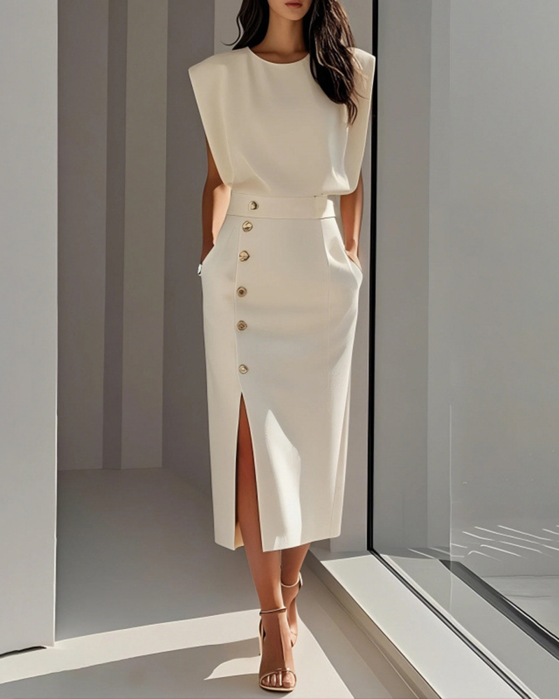 Side Split Button Detail Sleeveless Midi Dress