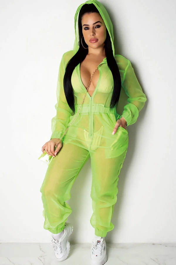 Green Sexy Fashion Patchwork Solid Mesh Polyester Long Sleeve V Neck Jumpsuits