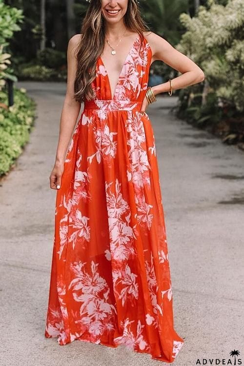 V Neck Backless Slip Maxi Dress