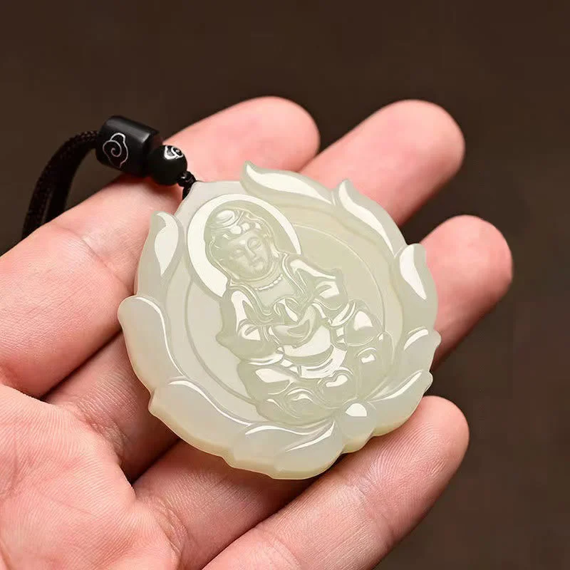 Kwan Yin Avalokitesvara Jade Lotus Abundance String Necklace Pendant