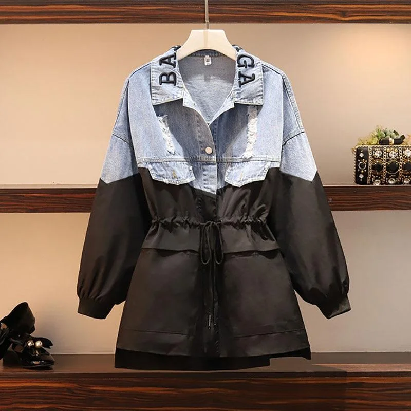 Patchwork Denim Women's Windbreaker Lapel Lantern Sleeve Hit Color Drawstring Plus Size Coat Female 2021 Autumn Fashion Clothes