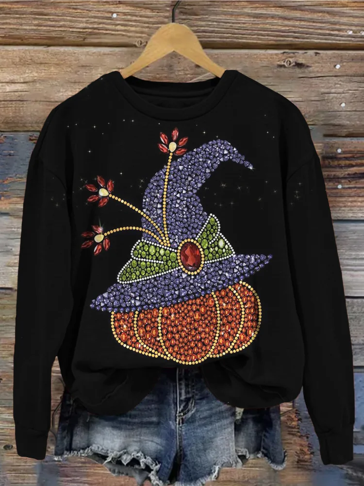 Vintage ‎Diamond Witch Hat Pumpkin Art Halloween Sweatshirt