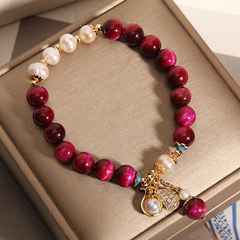 Natural Tiger Eye Stone Pearl Money Bag Wealth Lucky Bracelet