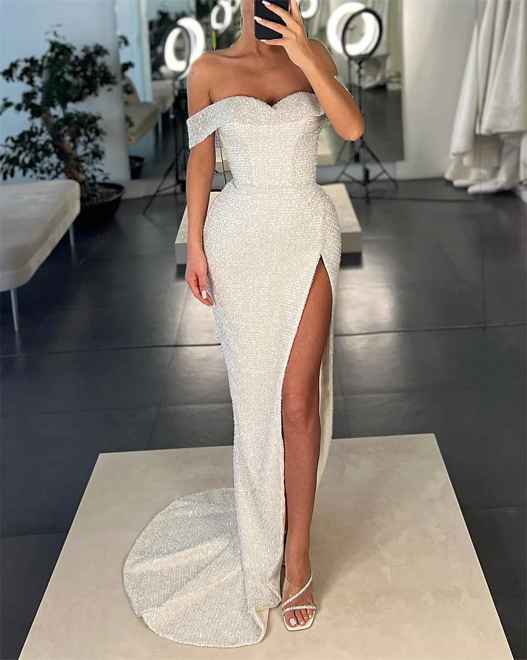 Sexy White Bandeau Slit Sequined Dress