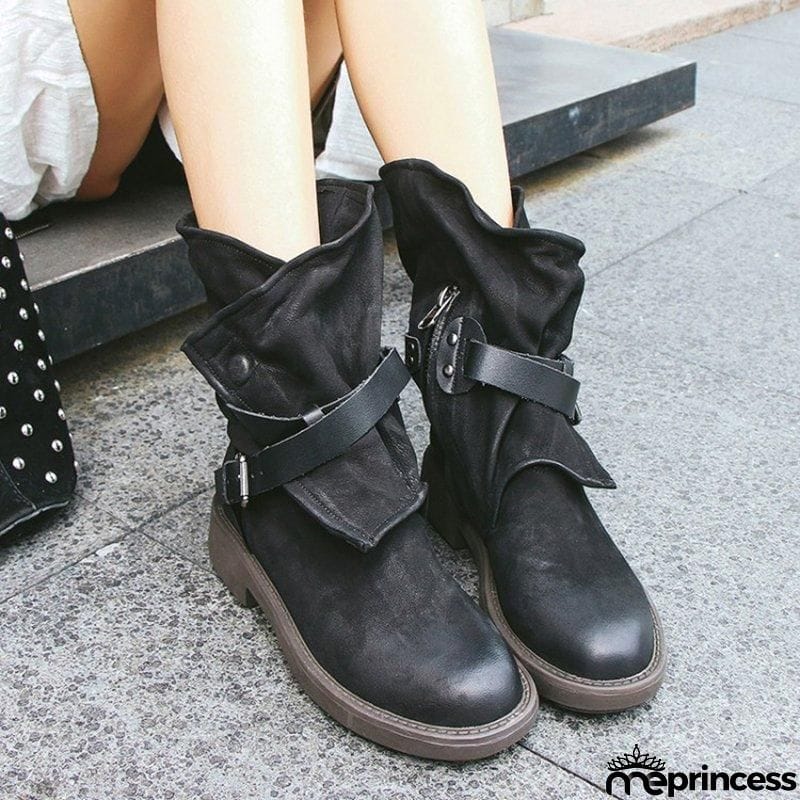 Women's Plus Size Adjustable Buckle Mid-Calf Motorcycle Boots