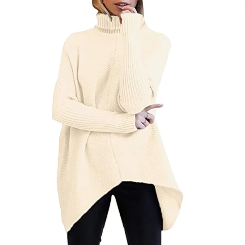 Wongn Wongn Winter Women Irregular Hem High Collar Jumper Long Sleeve Knit Sweater Woman