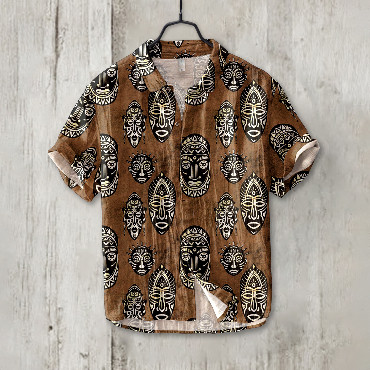 Men's Tribal African Masks Art Short Sleeve Linen Shirt