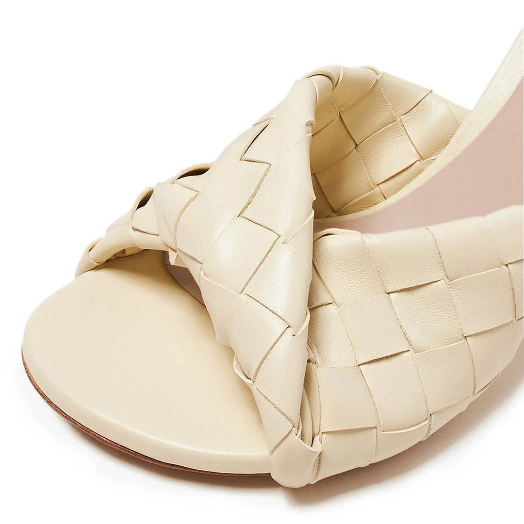 Beige Faux Leather Woven Open Round Toe Spool Heel Slides for Women