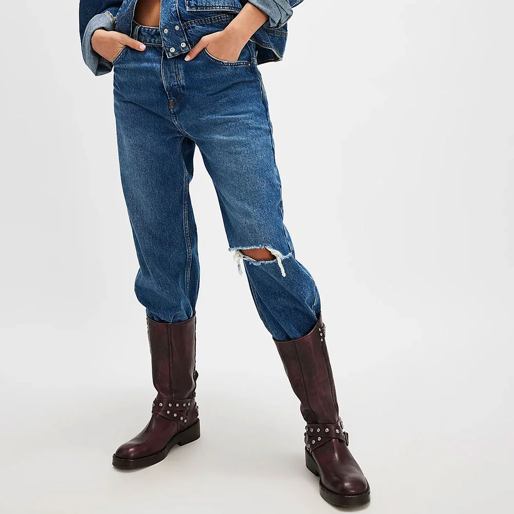 Maroon Low Chunky Heel Decorative Buckle Strap Studded Boots for Women