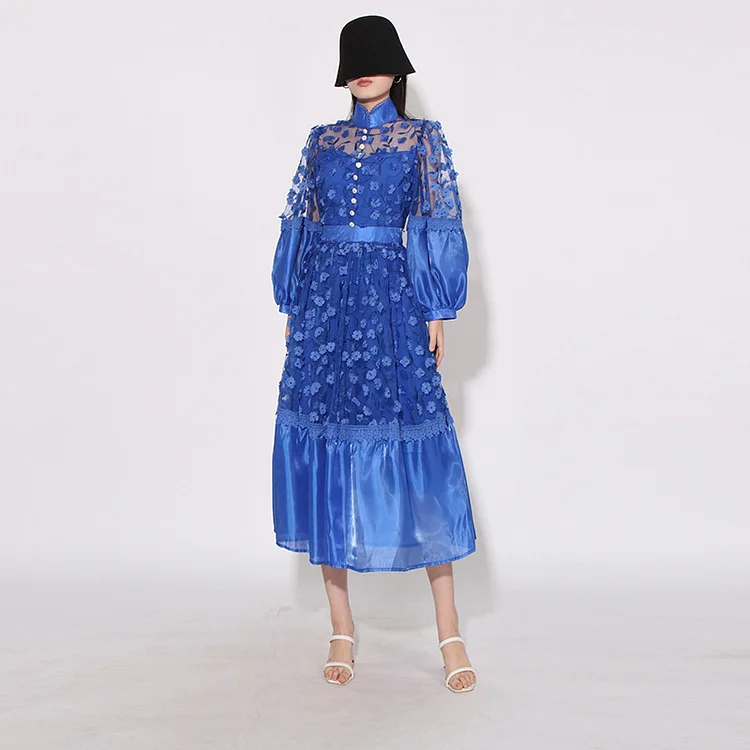 3D Floral Bubble Sleeve Mesh See-through Midi Dress