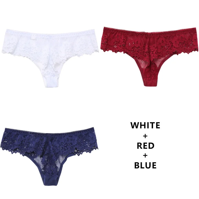 Meet'r 3Pcs/Lot Women Sexy Lace Lingerie Temptation Low-Waist Panties Embroidery Underwear Female Thong Transparent G String