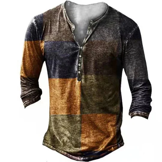 Retro Fashion Color Block Casual Long Sleeve  Henry Shirt