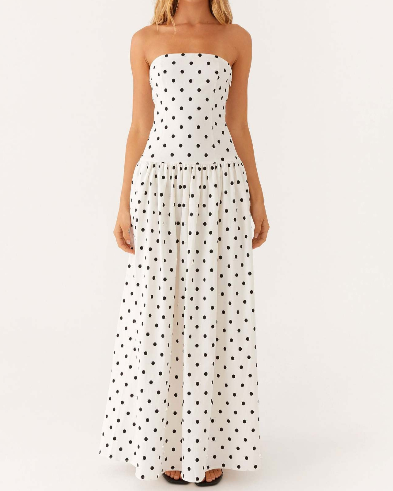 Polka Dot Strapless Tiered Maxi Dress