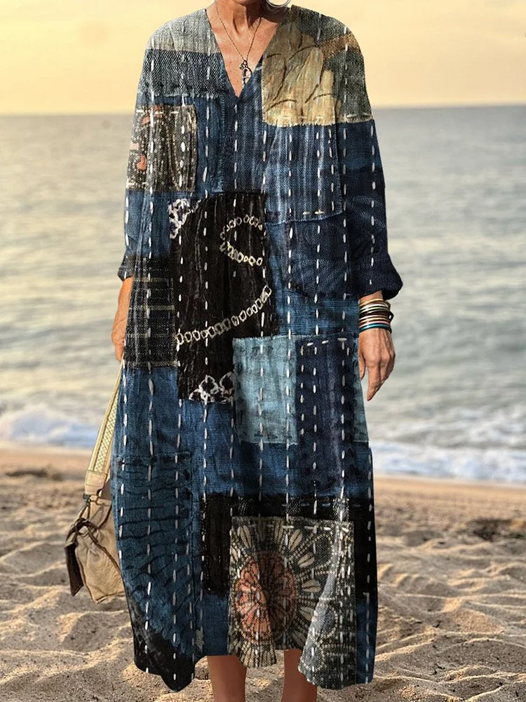 Women's Retro Patchwork Art Print Dress