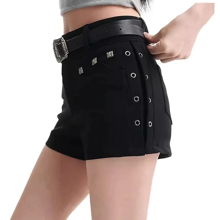 A - Line High Waisted Denim Mini Shorts with Studded Details