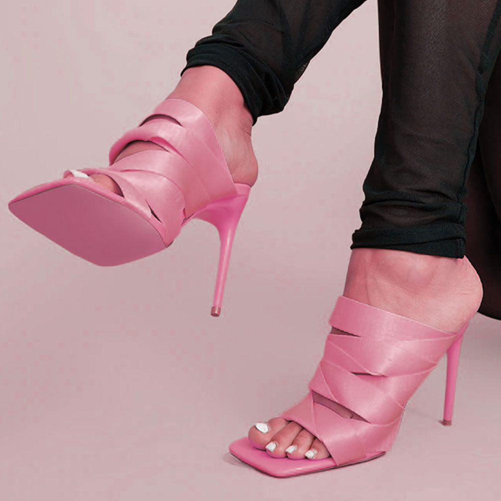Pink Vegan Leahter Open Toe 4'' Stiletto Heel Strappy Mules Nicepairs