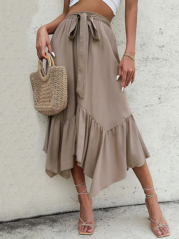 Split-Joint Solid Color Pleated Belted Loose Irregular clipping Skirts