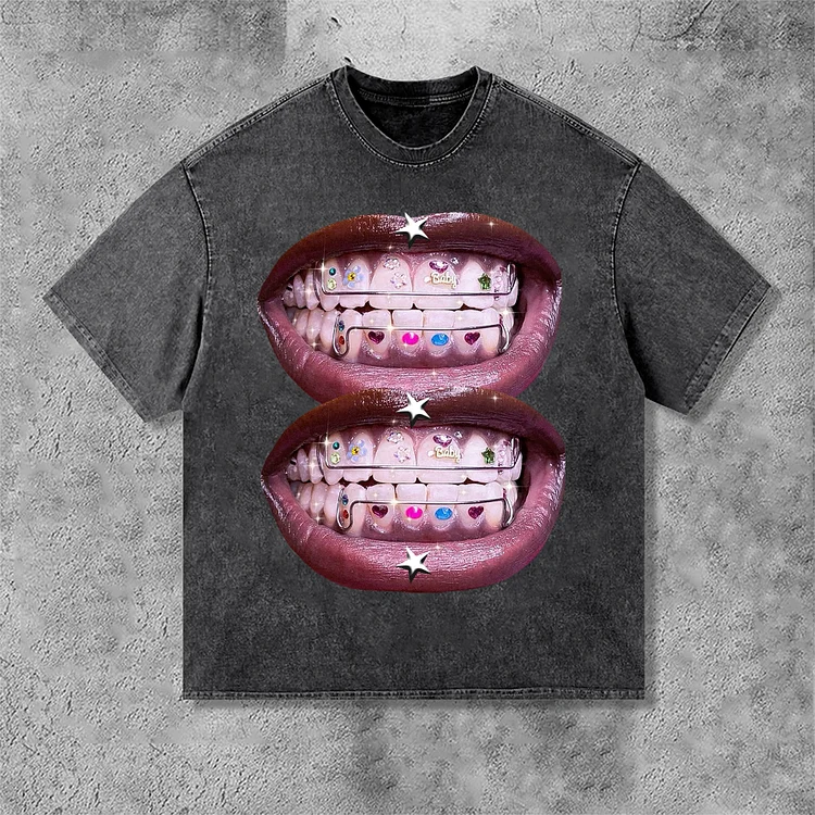 Unisex Lip Graphic Print Street Acid Washed T-Shirt SOPULA