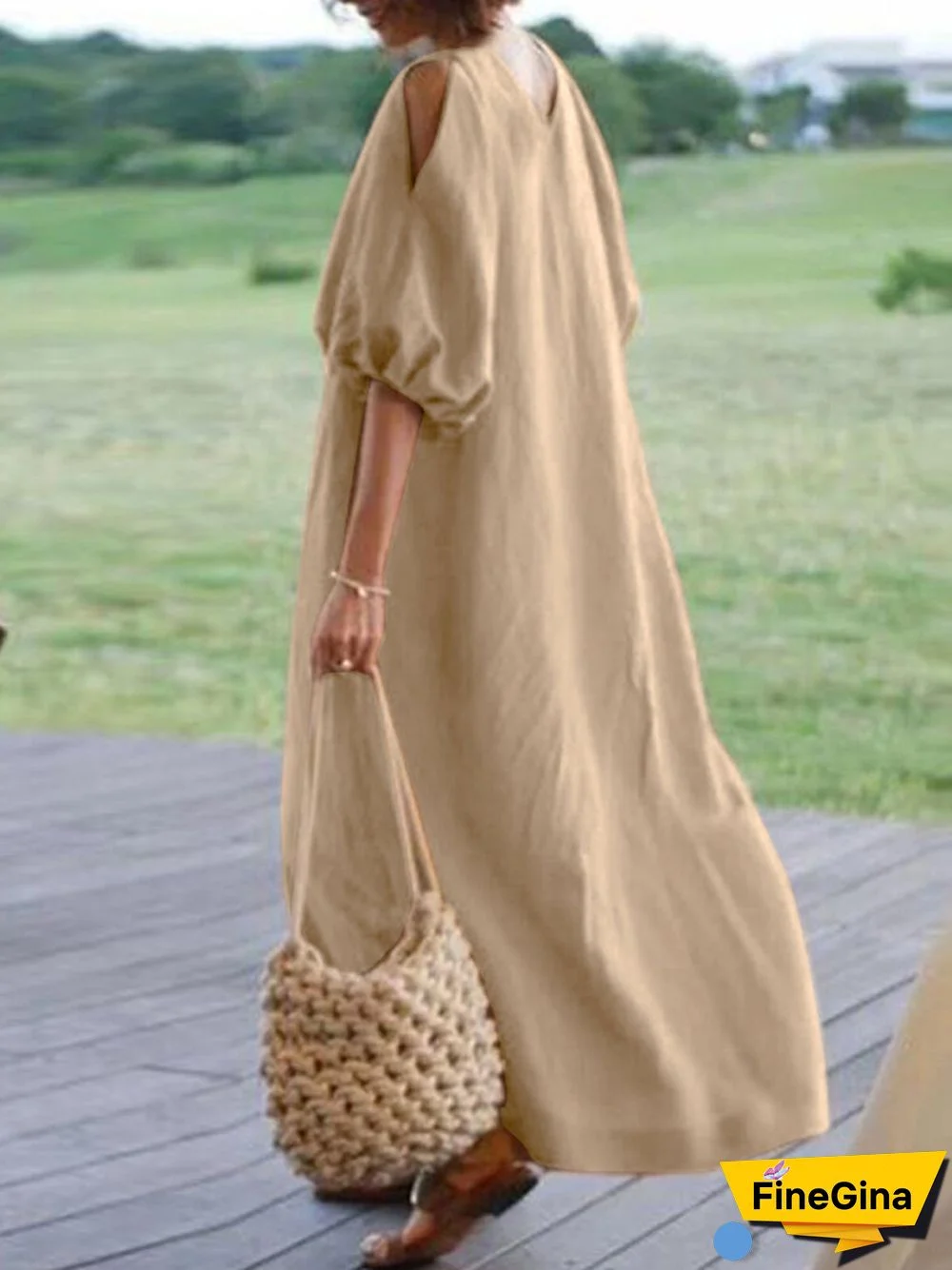 Solid Color Half Puff Sleeve O-neck Maxi Dress